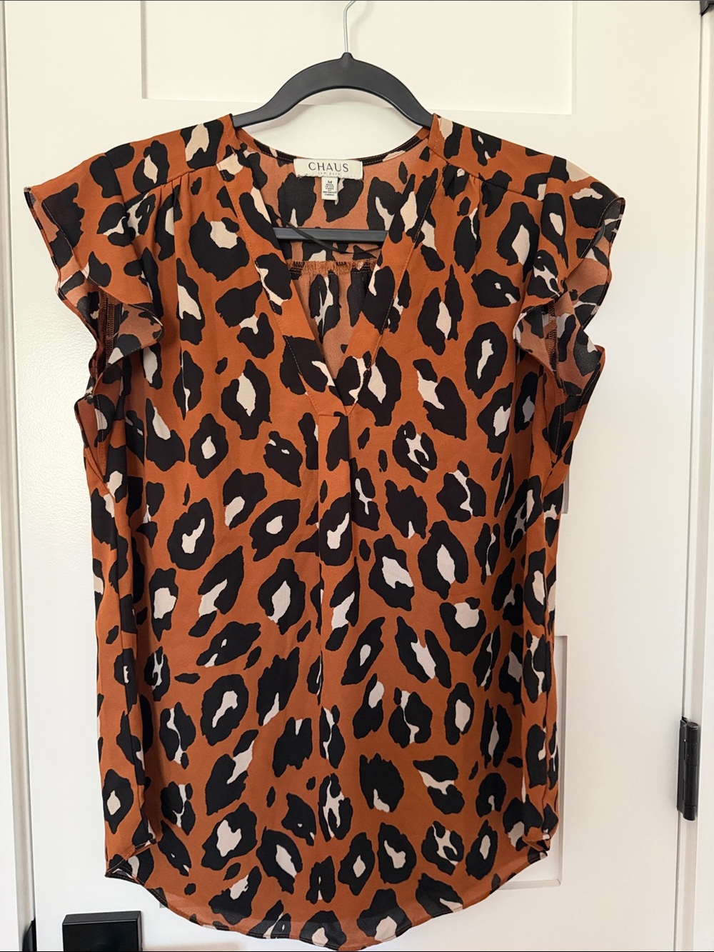 Chaus Rust Leopard-Print V-Neck Flutter Sleeve Blouse